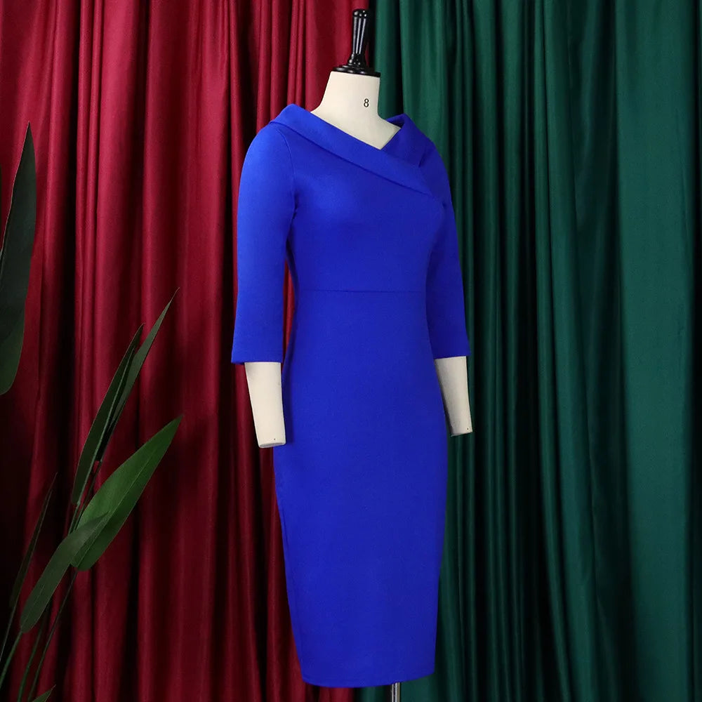 D313 Latest Design Fashion Elegant Three Quarter Sleeve V-neck Ladies Office Dresses Women Formal Work Autumn and Winter Dress