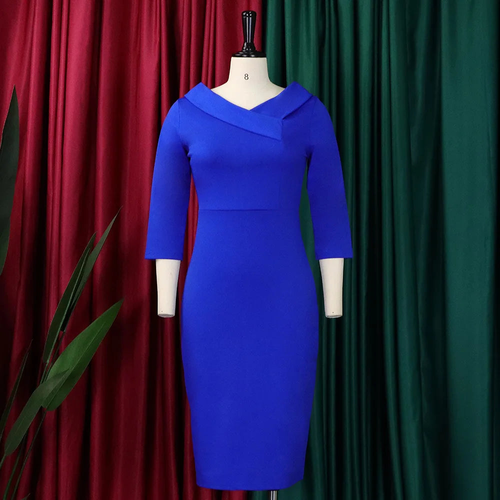 D313 Latest Design Fashion Elegant Three Quarter Sleeve V-neck Ladies Office Dresses Women Formal Work Autumn and Winter Dress