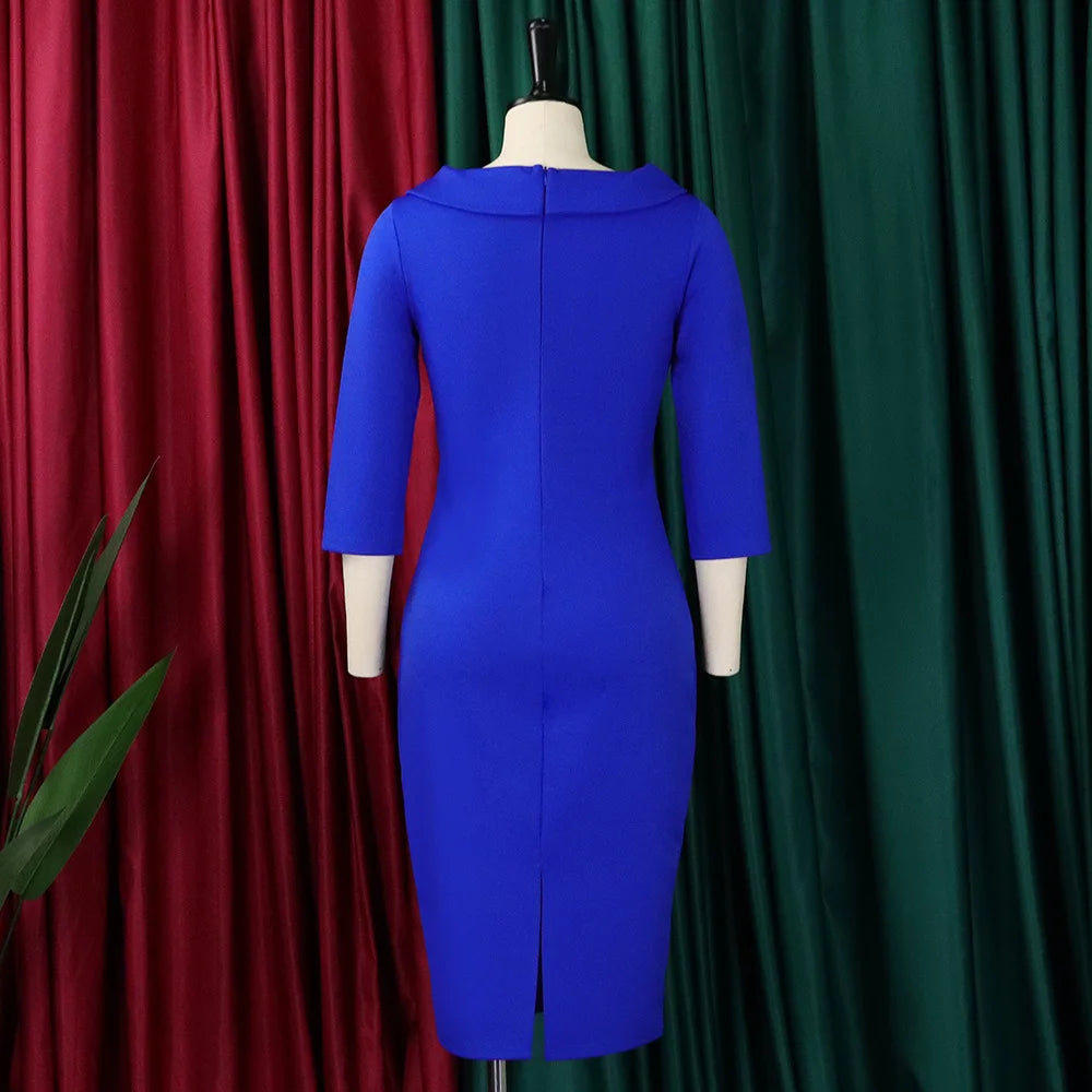 D313 Latest Design Fashion Elegant Three Quarter Sleeve V-neck Ladies Office Dresses Women Formal Work Autumn and Winter Dress