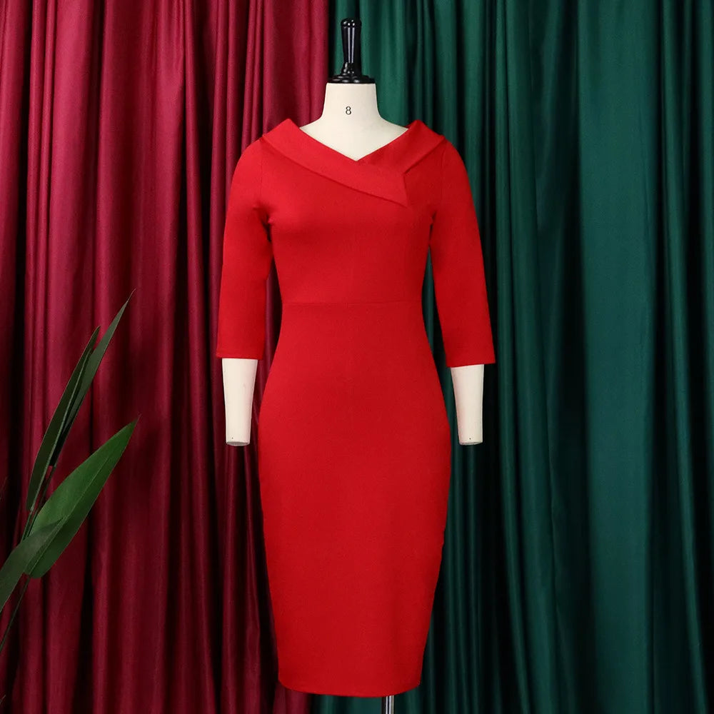 D313 Latest Design Fashion Elegant Three Quarter Sleeve V-neck Ladies Office Dresses Women Formal Work Autumn and Winter Dress
