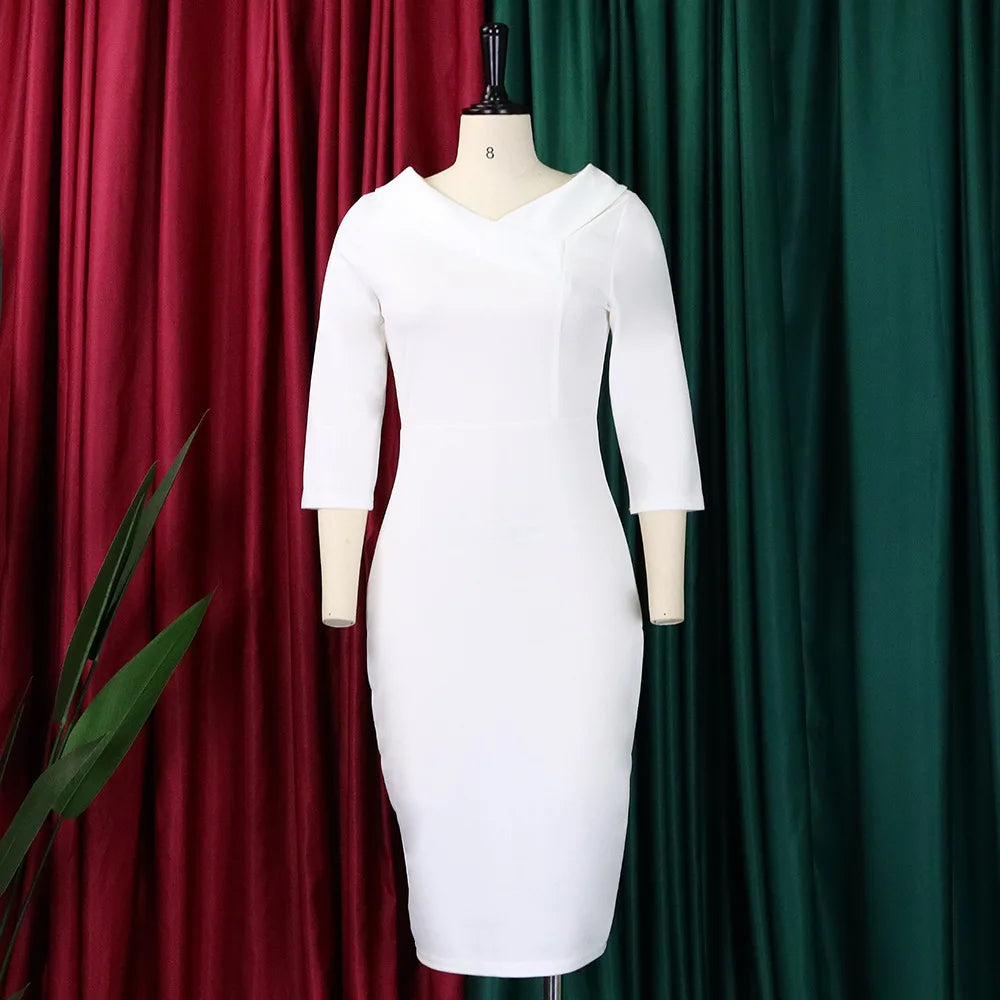 D313 Latest Design Fashion Elegant Three Quarter Sleeve V-neck Ladies Office Dresses Women Formal Work Autumn and Winter Dress