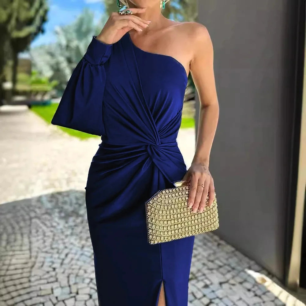 Women's Sexy Draped Patchwork Long Sleeve Party Dress Spring Summer New Skew Collar Fashion Maxi Dress One Shoulder Ladies Dress