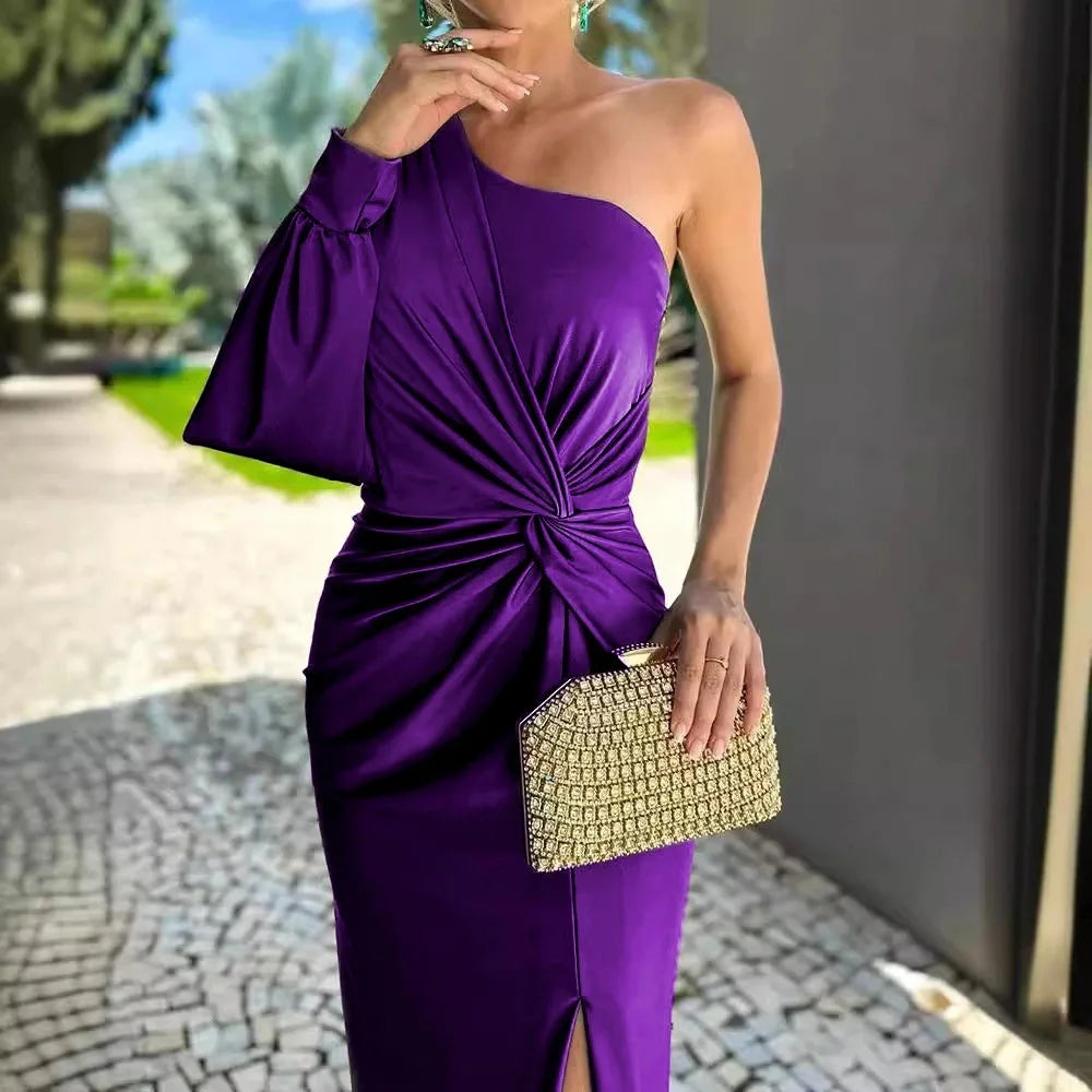 Women's Sexy Draped Patchwork Long Sleeve Party Dress Spring Summer New Skew Collar Fashion Maxi Dress One Shoulder Ladies Dress