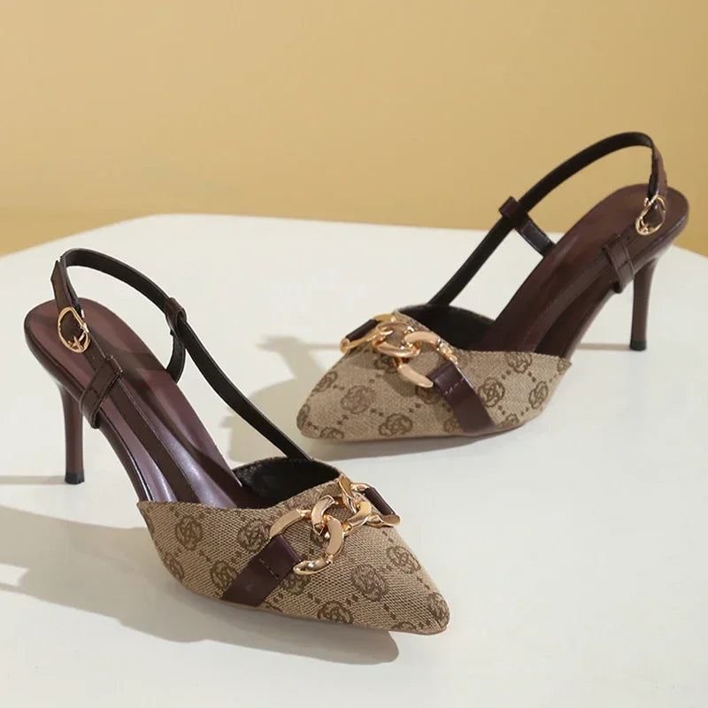 High Heel Sandals Women Shoes Buckle Strap Design Sandals for Women Stiletto Heel Party Shoes Woman Metal Chain Pointed Toe Pump