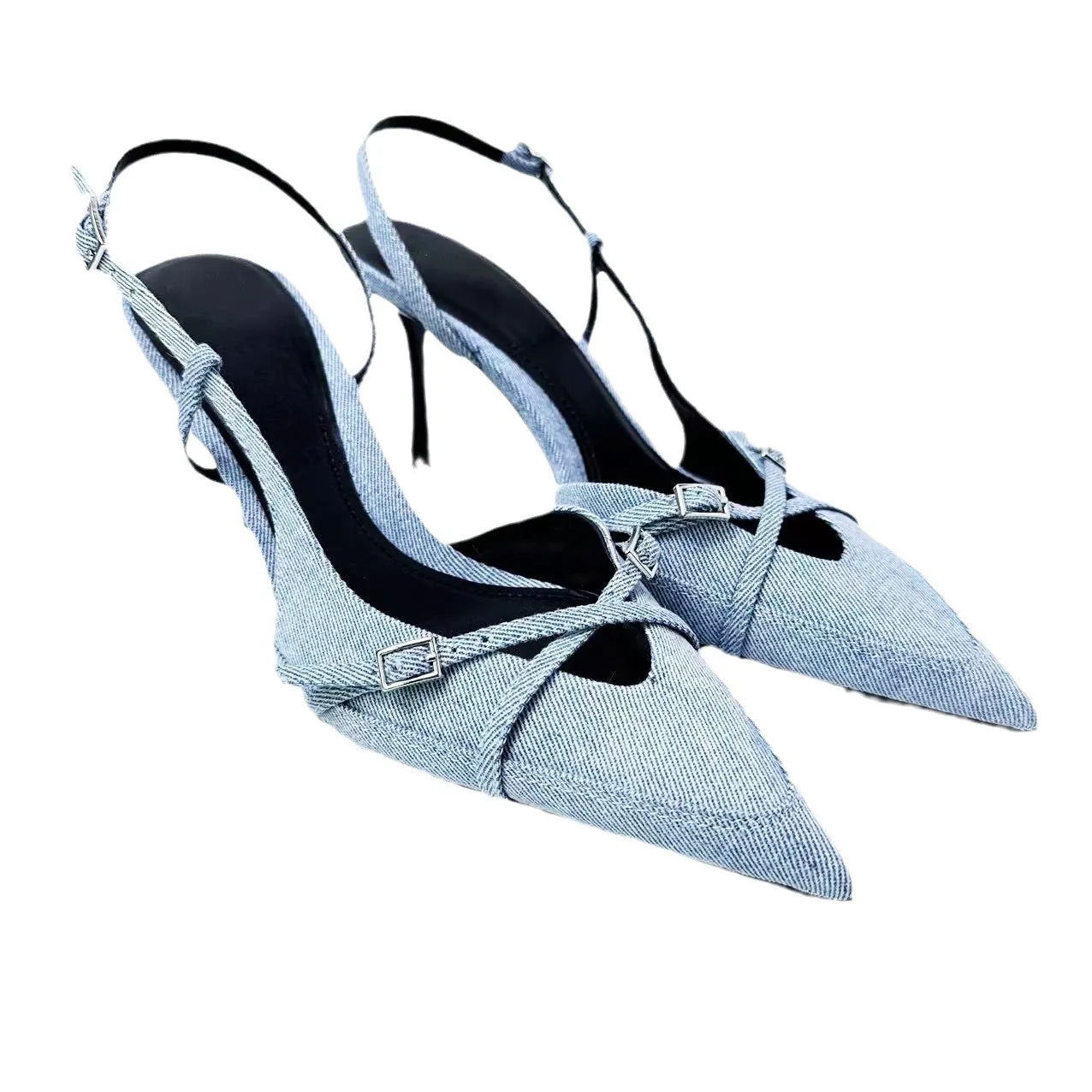 Spring/summer strap heels, retro European and American style, pointed toe, empty toe heels