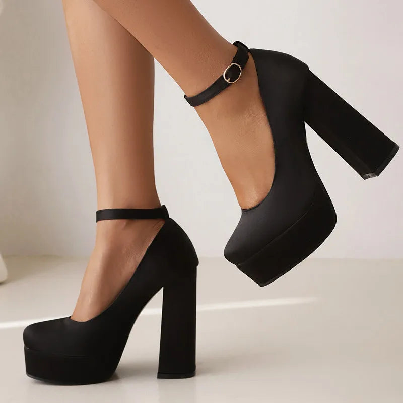 Sexy Women's High Heels Shoes Spring Round Toe Pumps Black Red Pink Heeled Satin Dance Party Wedding Shoe Female Large Size