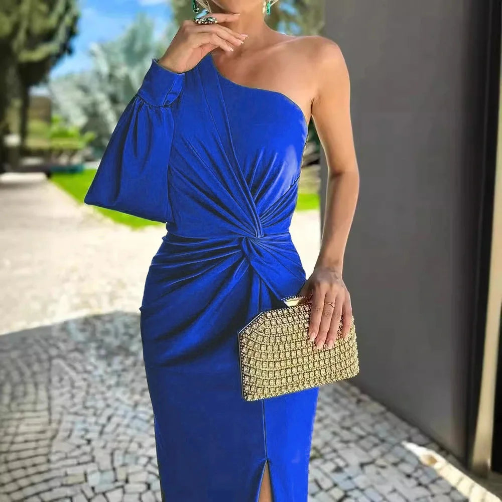 Women's Sexy Draped Patchwork Long Sleeve Party Dress Spring Summer New Skew Collar Fashion Maxi Dress One Shoulder Ladies Dress