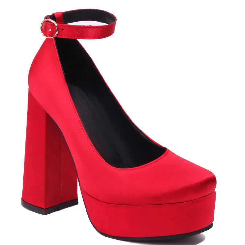 Sexy Women's High Heels Shoes Spring Round Toe Pumps Black Red Pink Heeled Satin Dance Party Wedding Shoe Female Large Size