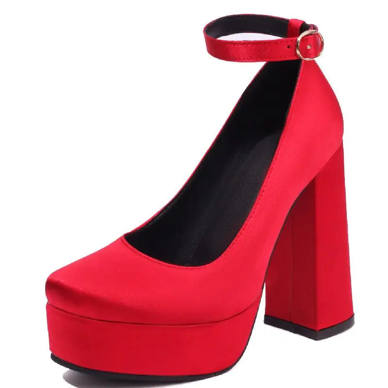 Sexy Women's High Heels Shoes Spring Round Toe Pumps Black Red Pink Heeled Satin Dance Party Wedding Shoe Female Large Size