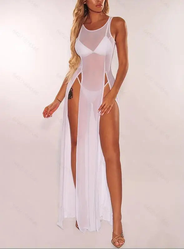 Sexy Womens Mesh Sheer Long Dress Ladies Bikini Cover Up Beach Sundress Solid See-through Long Dress Sleeveless Strap Dress