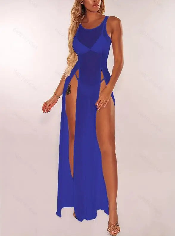 Sexy Womens Mesh Sheer Long Dress Ladies Bikini Cover Up Beach Sundress Solid See-through Long Dress Sleeveless Strap Dress