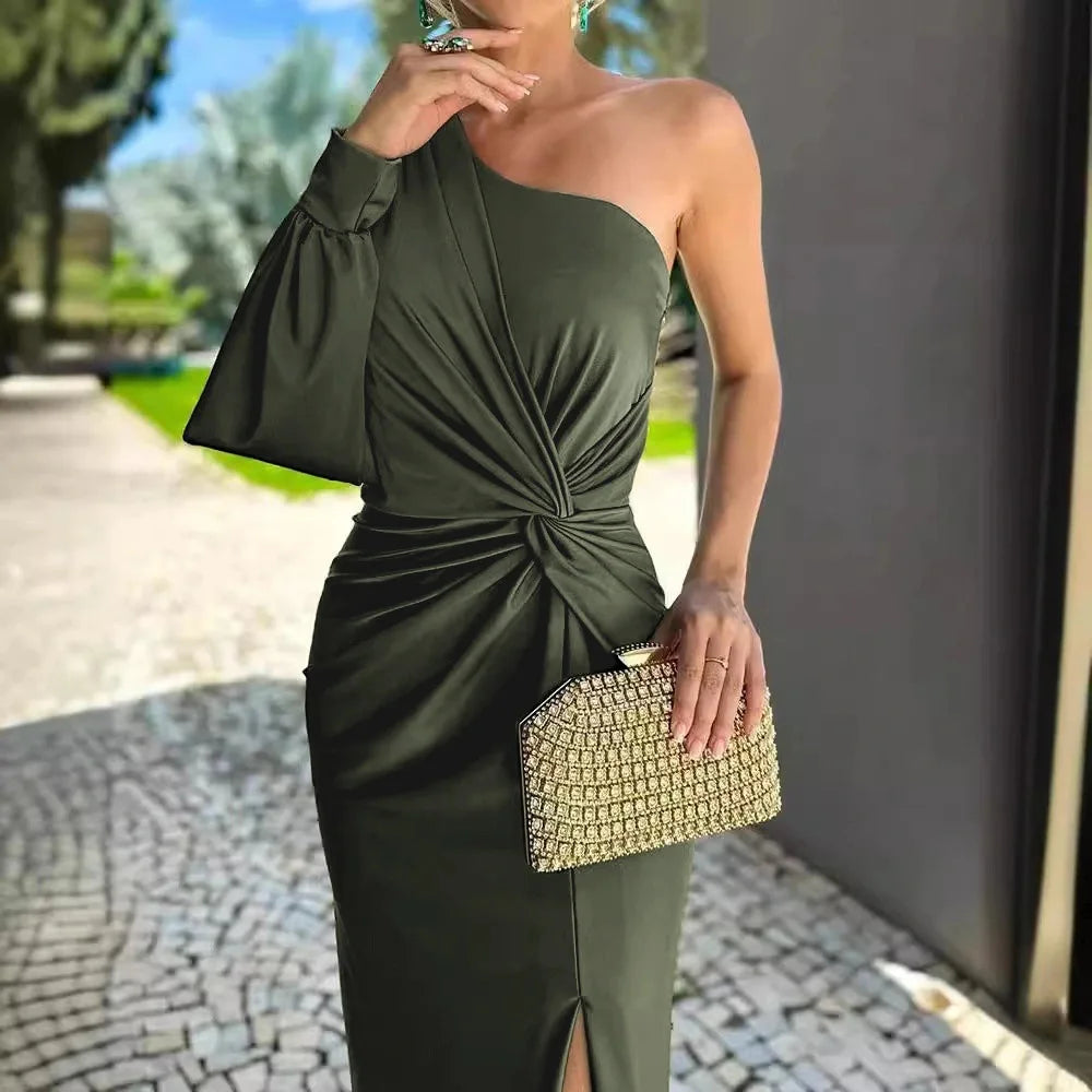Women's Sexy Draped Patchwork Long Sleeve Party Dress Spring Summer New Skew Collar Fashion Maxi Dress One Shoulder Ladies Dress