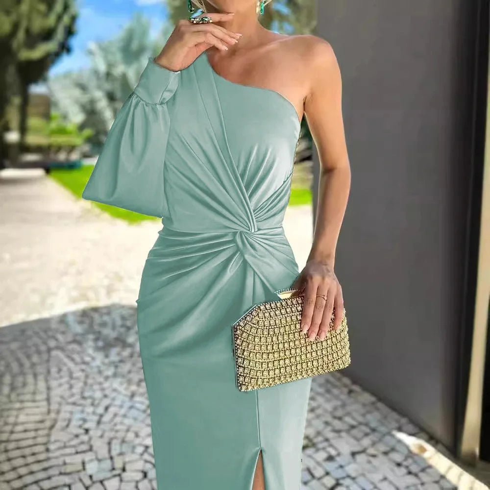 Women's Sexy Draped Patchwork Long Sleeve Party Dress Spring Summer New Skew Collar Fashion Maxi Dress One Shoulder Ladies Dress