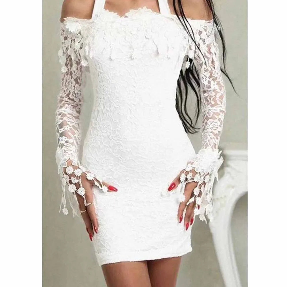 Women White Bodycon Prom Dresses Sexy Lace Off Shoulder Elegant Evening Party Dress Women's Flare Sleeve Chiffon Mini Dress