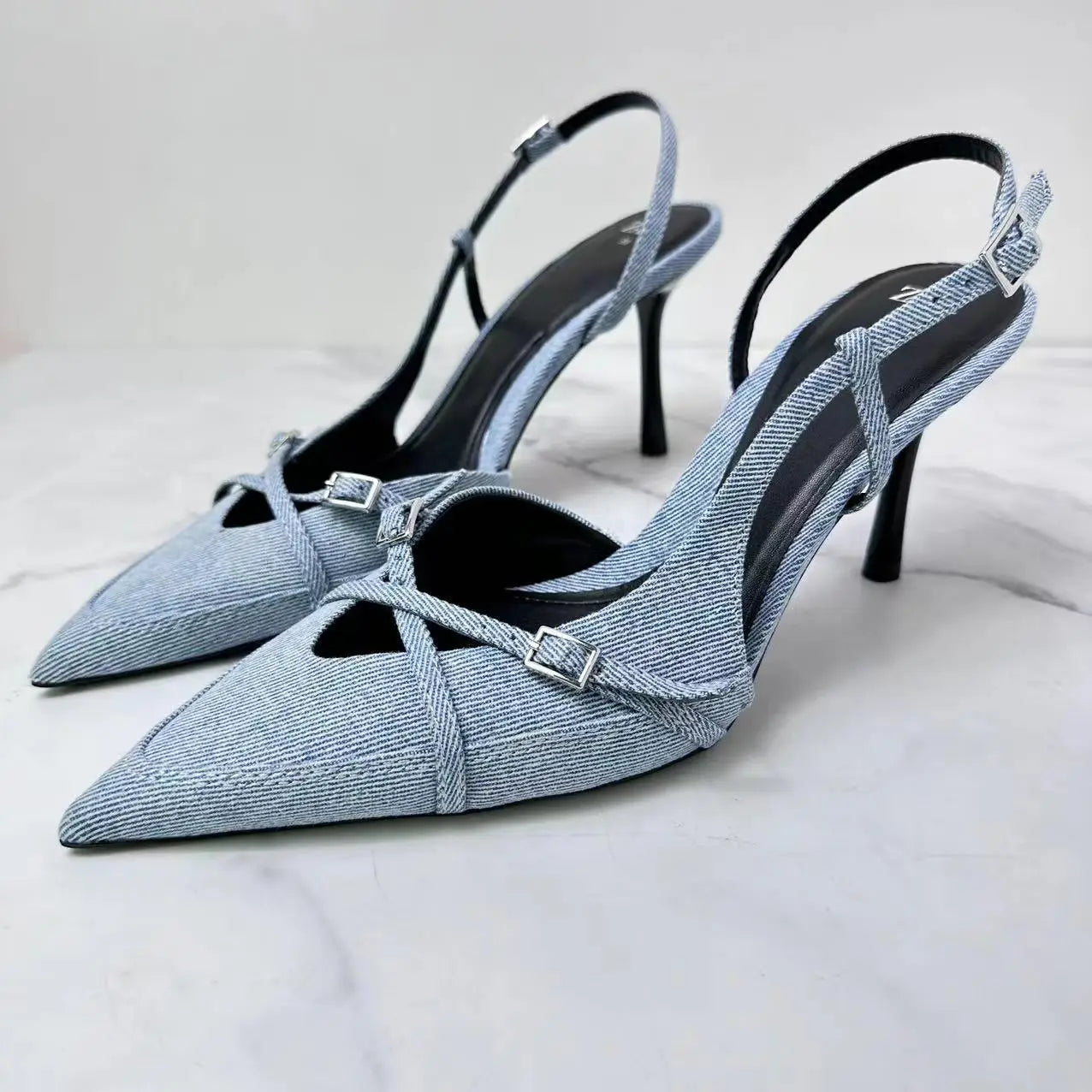 Spring/summer strap heels, retro European and American style, pointed toe, empty toe heels