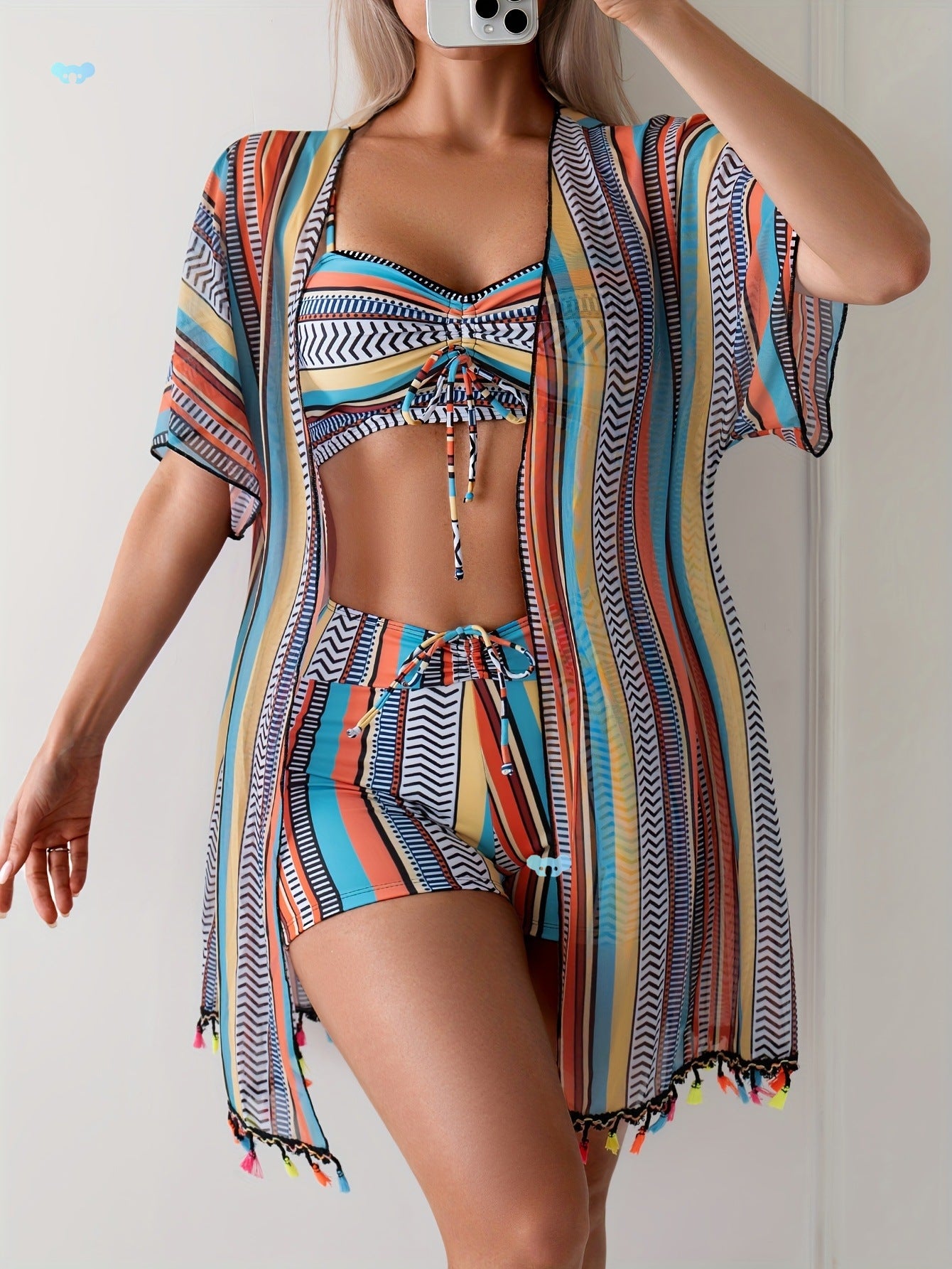 Womens Three-piece Striped Bikini Swimsuit Set
