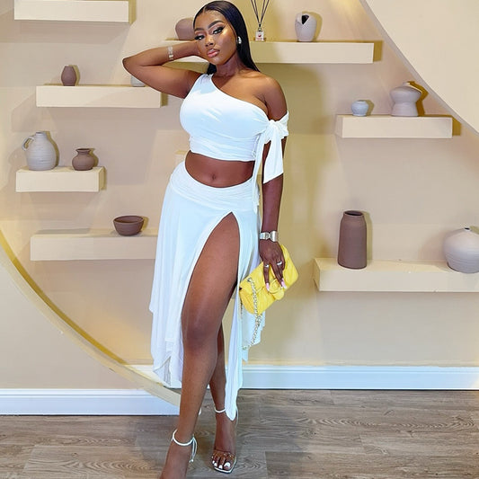 Womens Dress Set Sleeveless One-Shoulder Top With Flutter Sleeves And A Slit Skirt