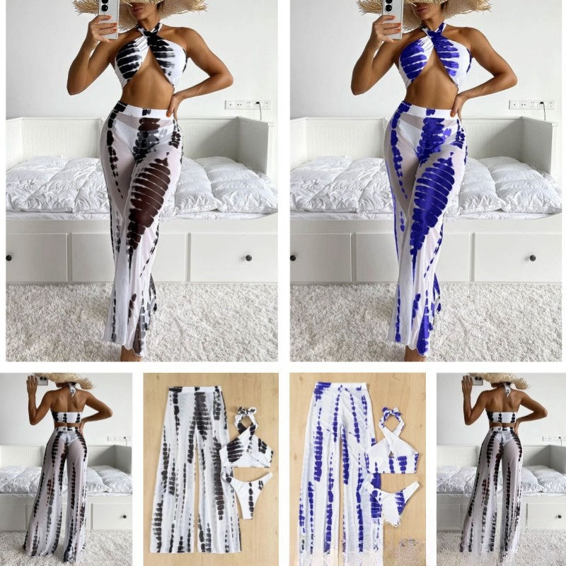 New Printing And Dyeing Three-piece Mesh Trousers Style Swimsuit Bikini