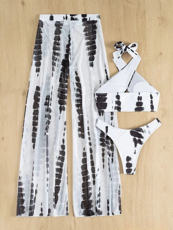 New Printing And Dyeing Three-piece Mesh Trousers Style Swimsuit Bikini