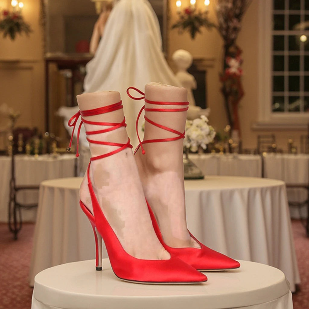 2025 TalonsTacones Satin Chain Stiletto Sandals for Women 12cm High Heel Pointed Toe Bride Wedding Pumps Sexy Summer Spring