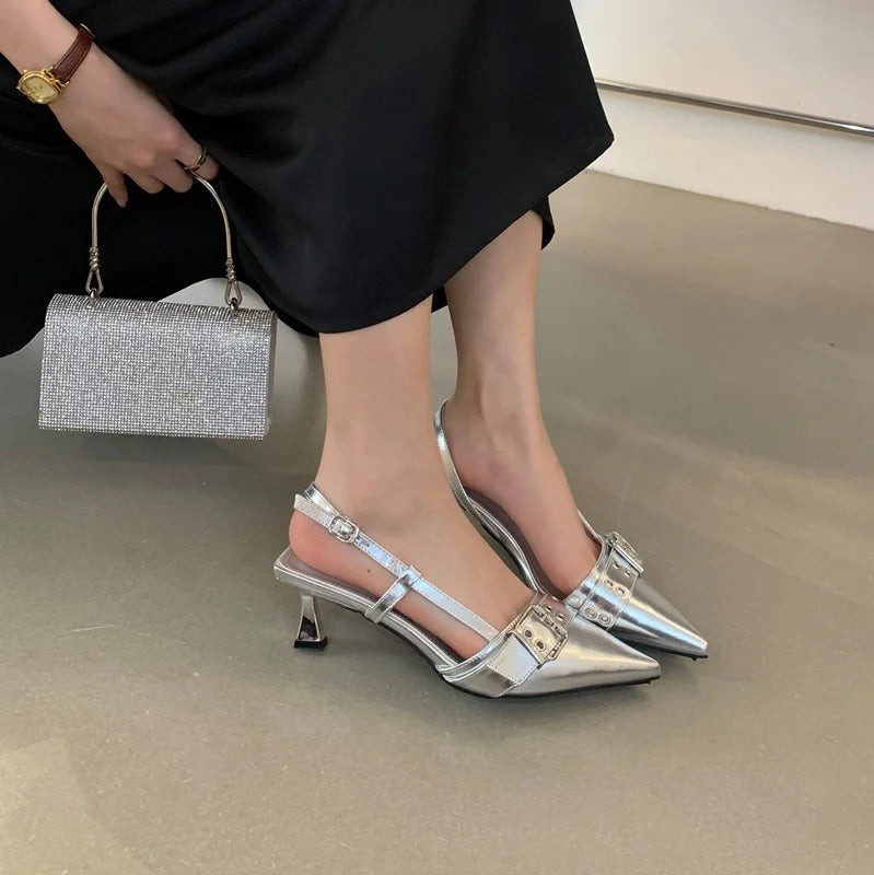2024 Fashion Ladies Low Heel Sandals 35-40 Sexy Silver Heels