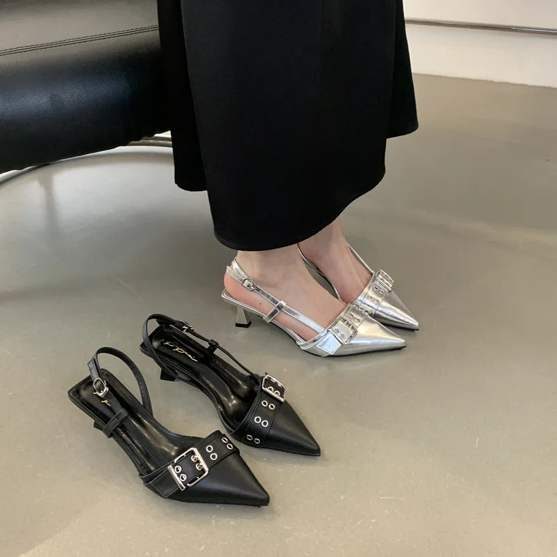 2024 Fashion Ladies Low Heel Sandals 35-40 Sexy Silver Heels
