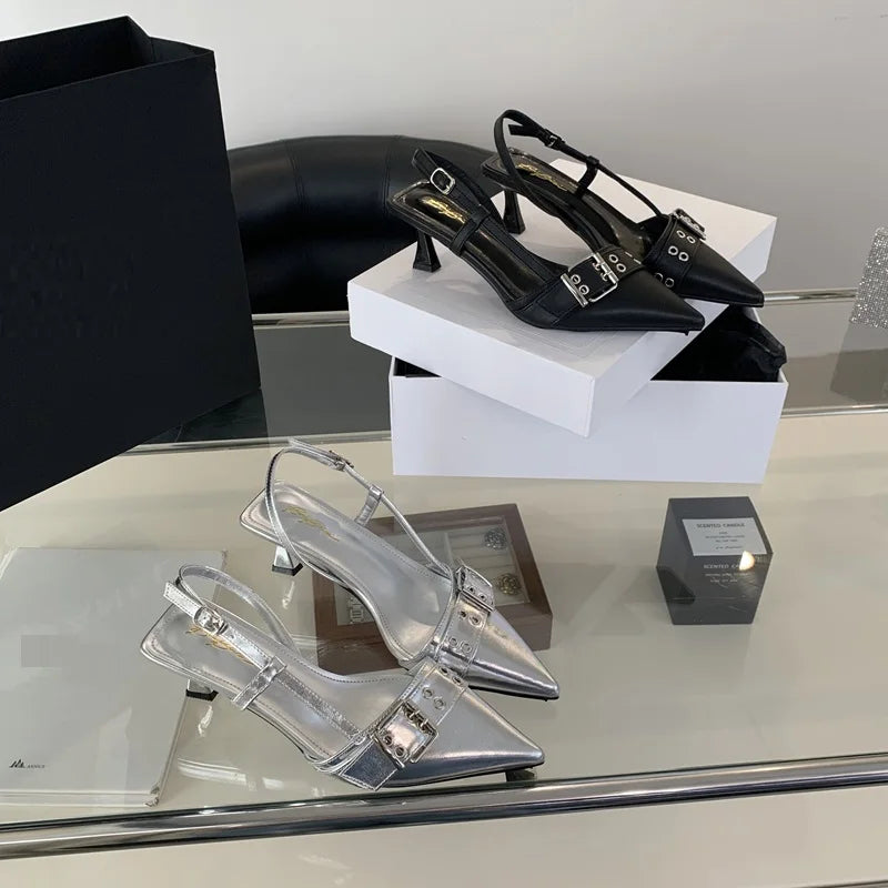 2024 Fashion Ladies Low Heel Sandals 35-40 Sexy Silver Heels