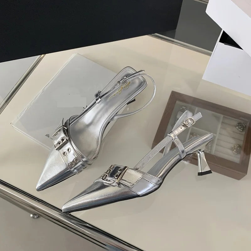 2024 Fashion Ladies Low Heel Sandals 35-40 Sexy Silver Heels