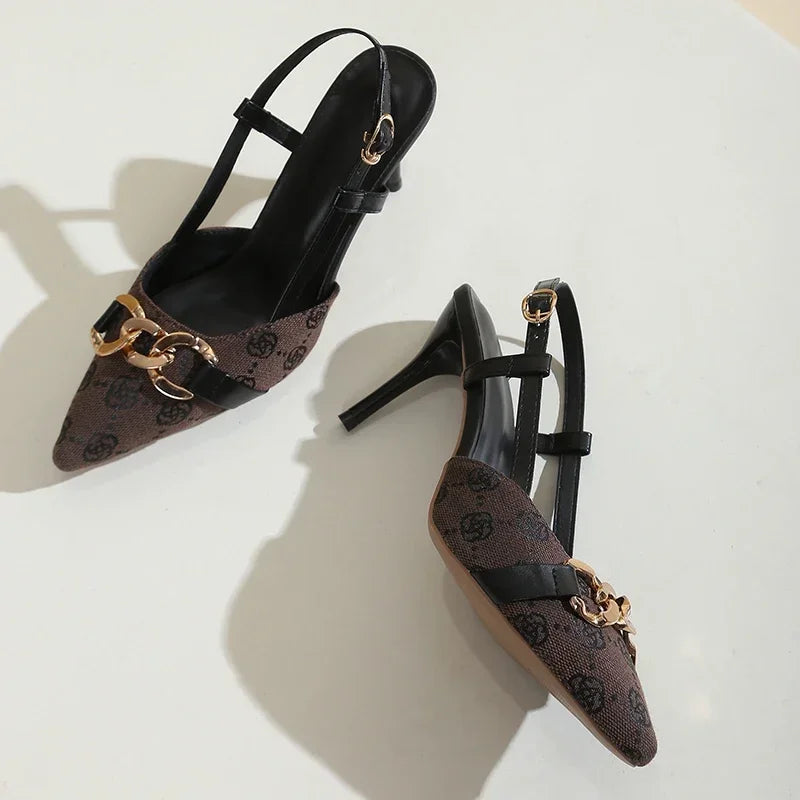 High Heel Sandals Women Shoes Buckle Strap Design Sandals for Women Stiletto Heel Party Shoes Woman Metal Chain Pointed Toe Pump