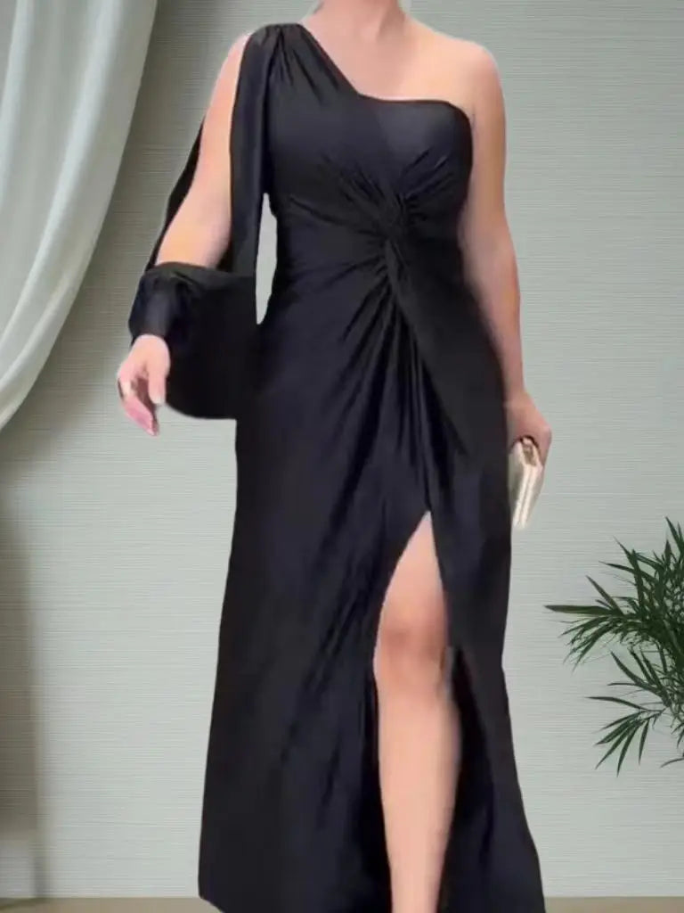 Women's Sexy Draped Patchwork Long Sleeve Party Dress Spring Summer New Skew Collar Fashion Maxi Dress One Shoulder Ladies Dress