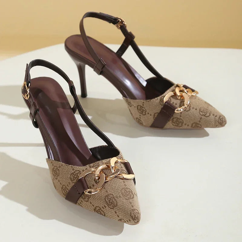 High Heel Sandals Women Shoes Buckle Strap Design Sandals for Women Stiletto Heel Party Shoes Woman Metal Chain Pointed Toe Pump