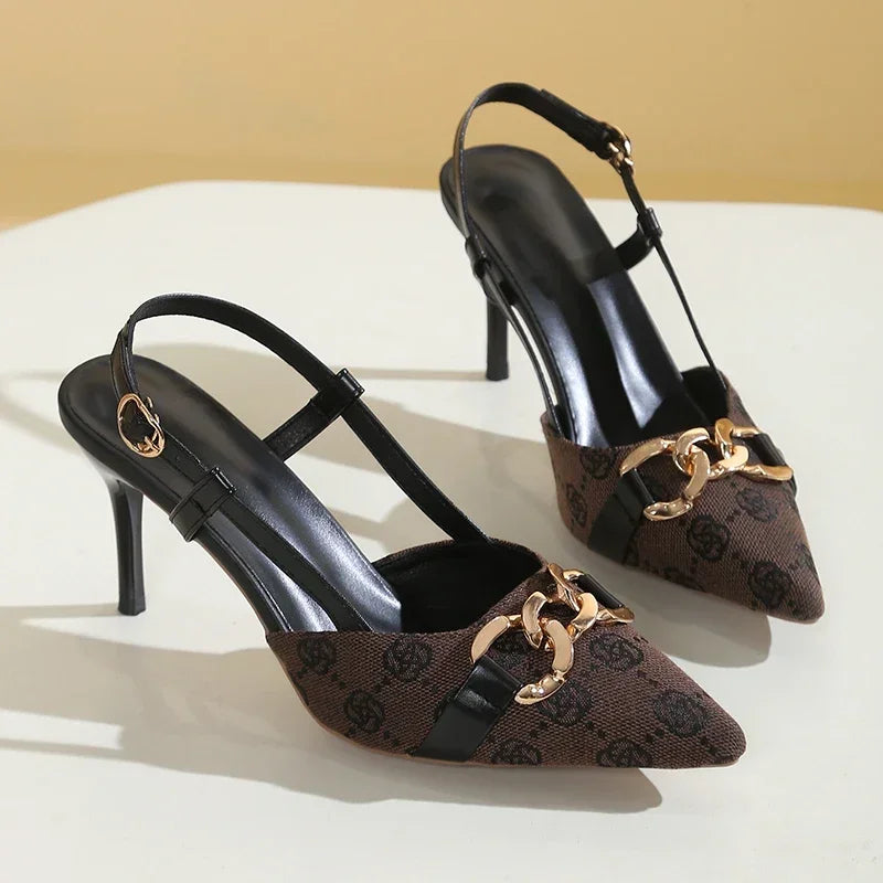 High Heel Sandals Women Shoes Buckle Strap Design Sandals for Women Stiletto Heel Party Shoes Woman Metal Chain Pointed Toe Pump