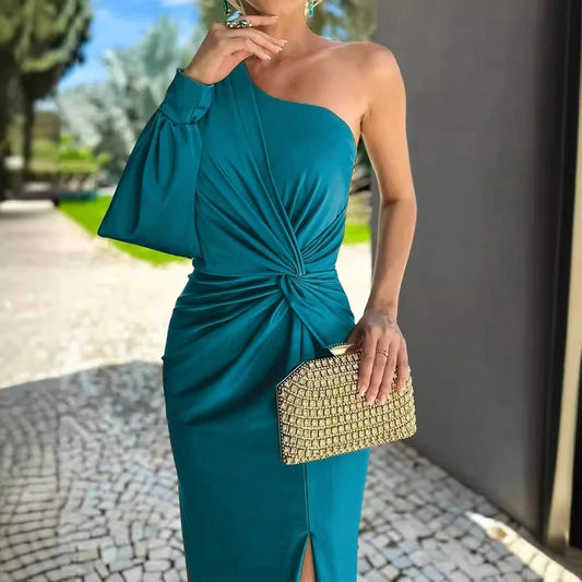 Women's Sexy Draped Patchwork Long Sleeve Party Dress Spring Summer New Skew Collar Fashion Maxi Dress One Shoulder Ladies Dress