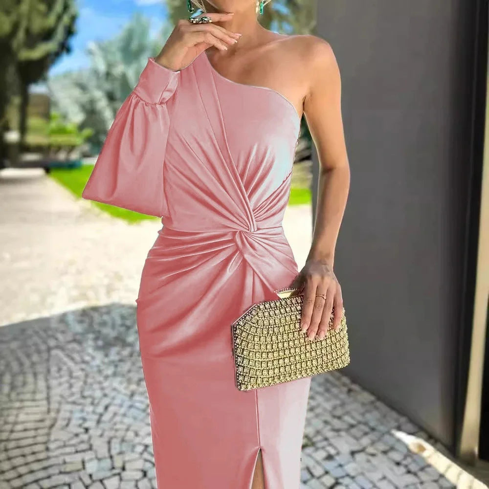 Women's Sexy Draped Patchwork Long Sleeve Party Dress Spring Summer New Skew Collar Fashion Maxi Dress One Shoulder Ladies Dress