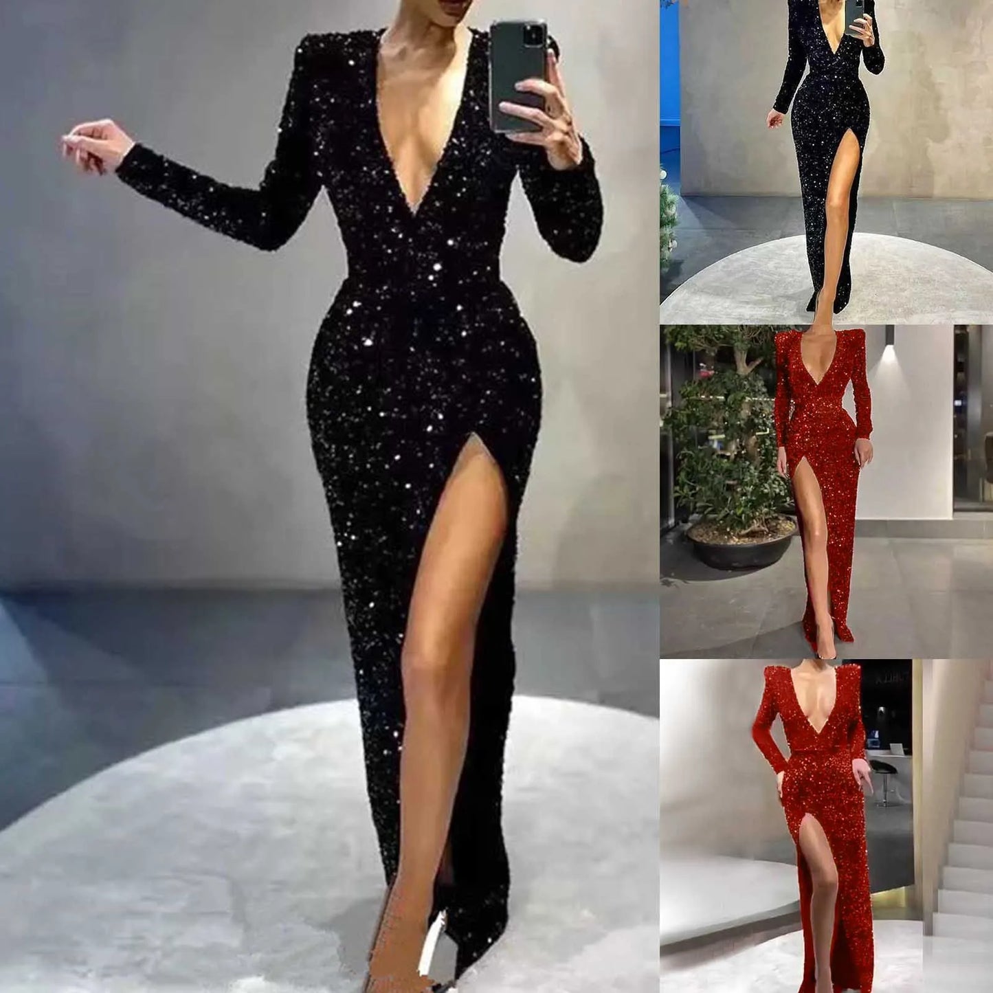 Elegant Party Dresses Woman Sexy Deep V Long Sleeved Embroidered Sequined Formal Dress High Waist Split Prom Dresses For Women