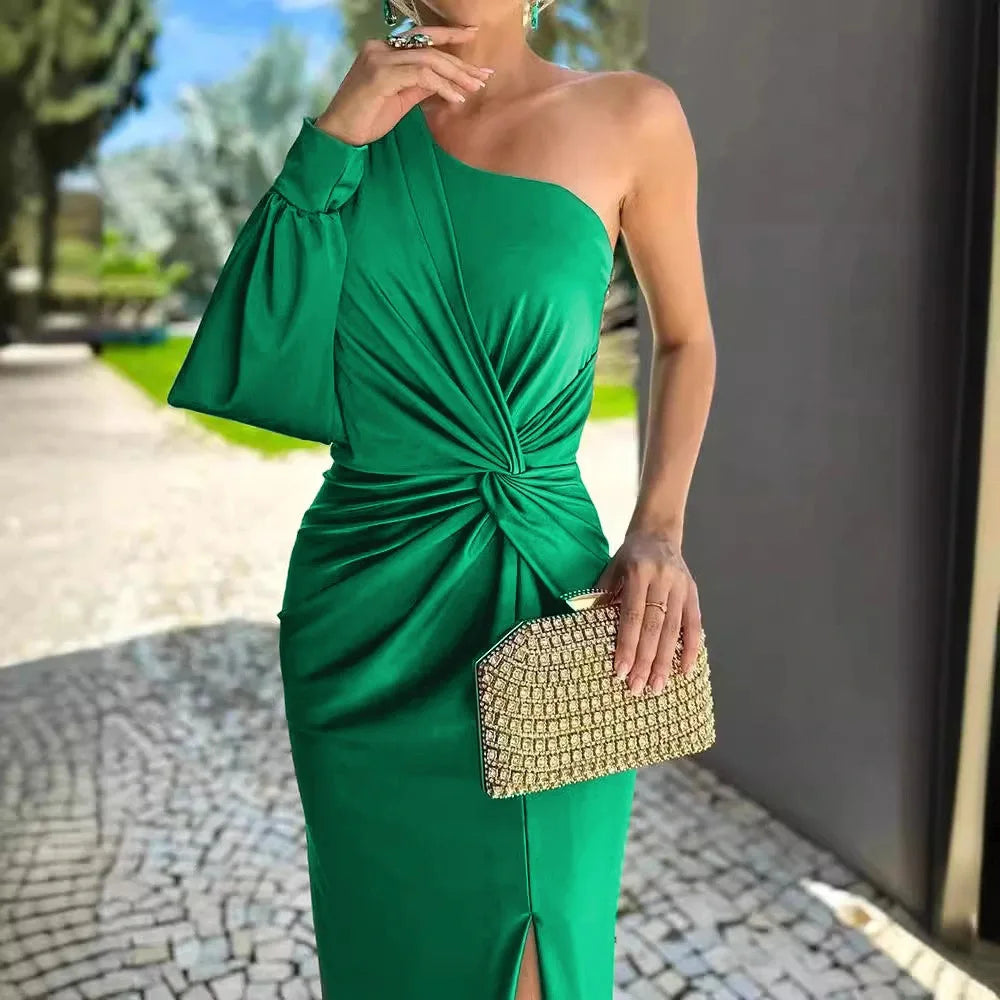 Women's Sexy Draped Patchwork Long Sleeve Party Dress Spring Summer New Skew Collar Fashion Maxi Dress One Shoulder Ladies Dress
