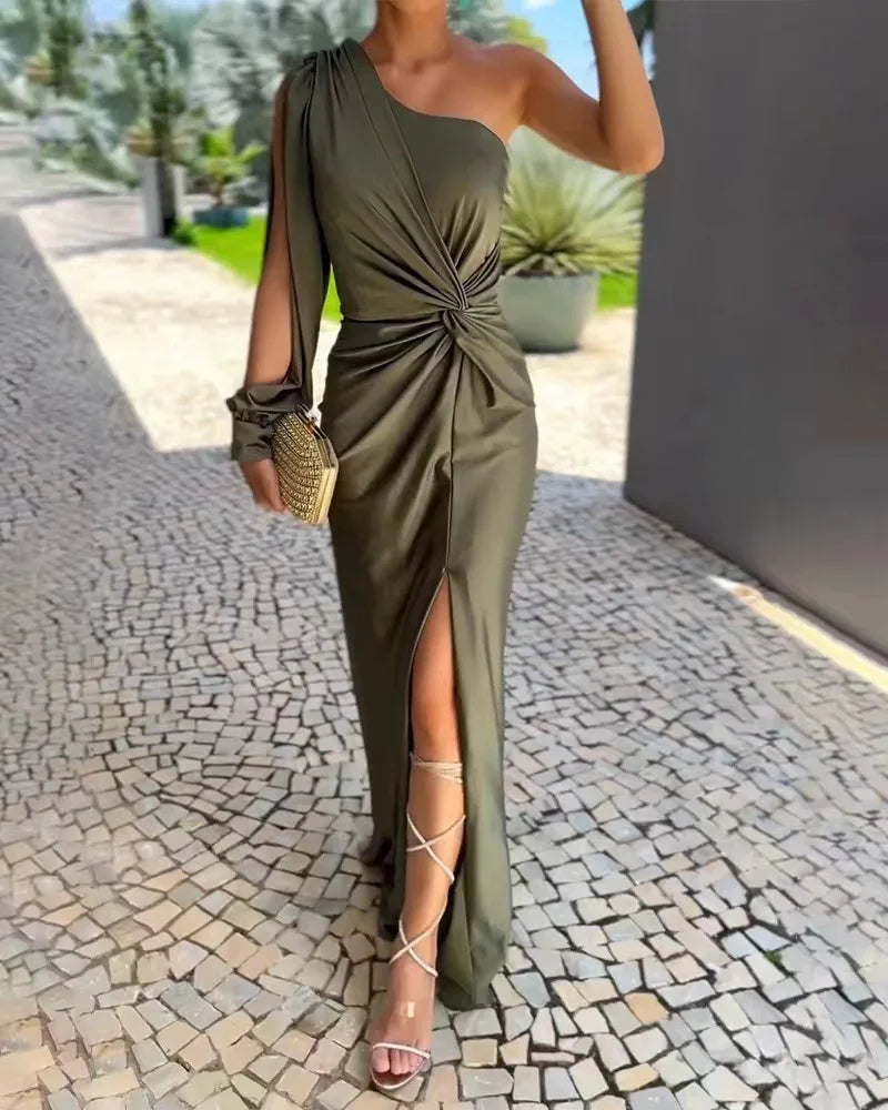 Women's Sexy Draped Patchwork Long Sleeve Party Dress Spring Summer New Skew Collar Fashion Maxi Dress One Shoulder Ladies Dress