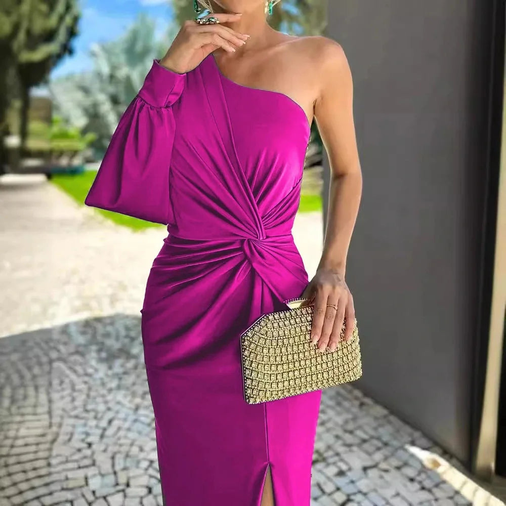 Women's Sexy Draped Patchwork Long Sleeve Party Dress Spring Summer New Skew Collar Fashion Maxi Dress One Shoulder Ladies Dress