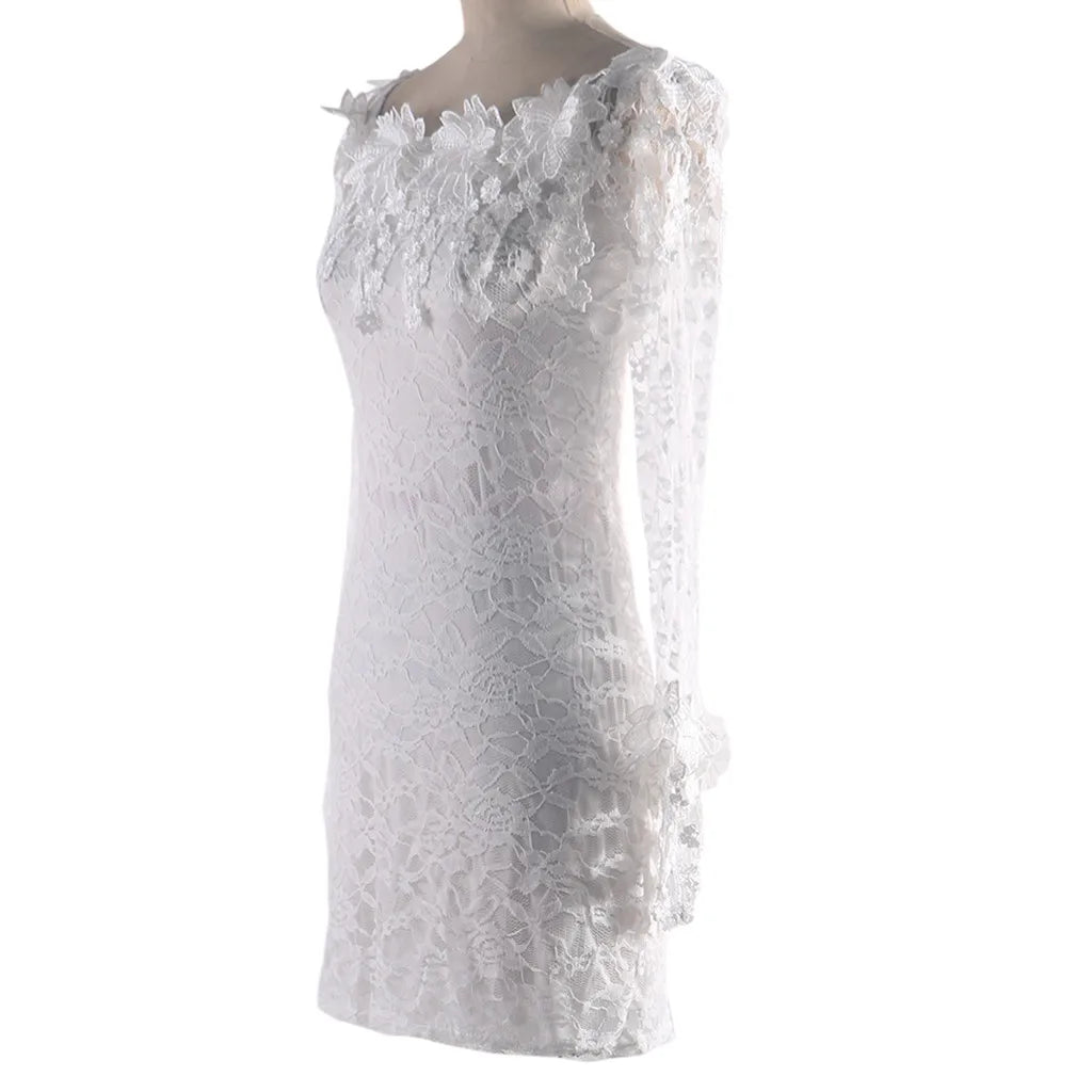 Women White Bodycon Prom Dresses Sexy Lace Off Shoulder Elegant Evening Party Dress Women's Flare Sleeve Chiffon Mini Dress