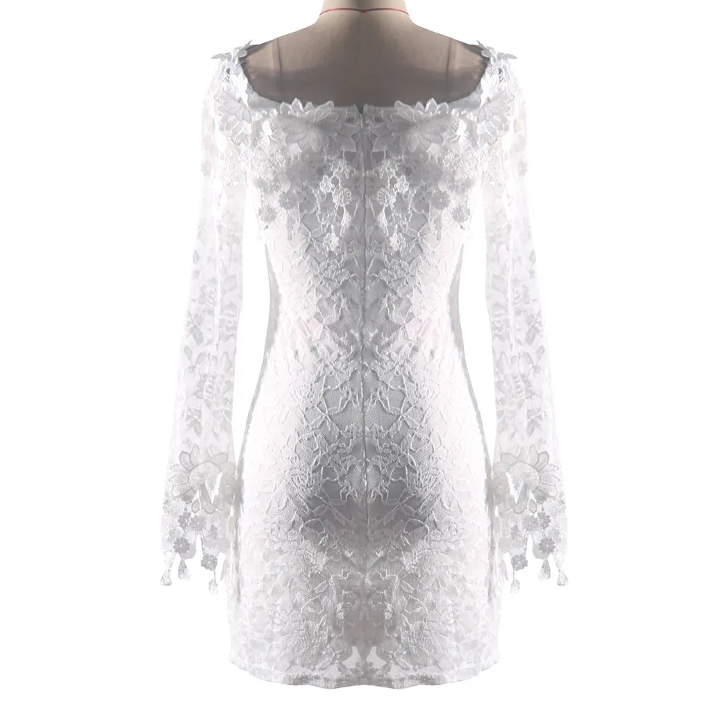 Women White Bodycon Prom Dresses Sexy Lace Off Shoulder Elegant Evening Party Dress Women's Flare Sleeve Chiffon Mini Dress