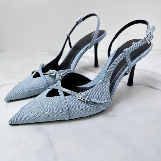 Spring/summer strap heels, retro European and American style, pointed toe, empty toe heels