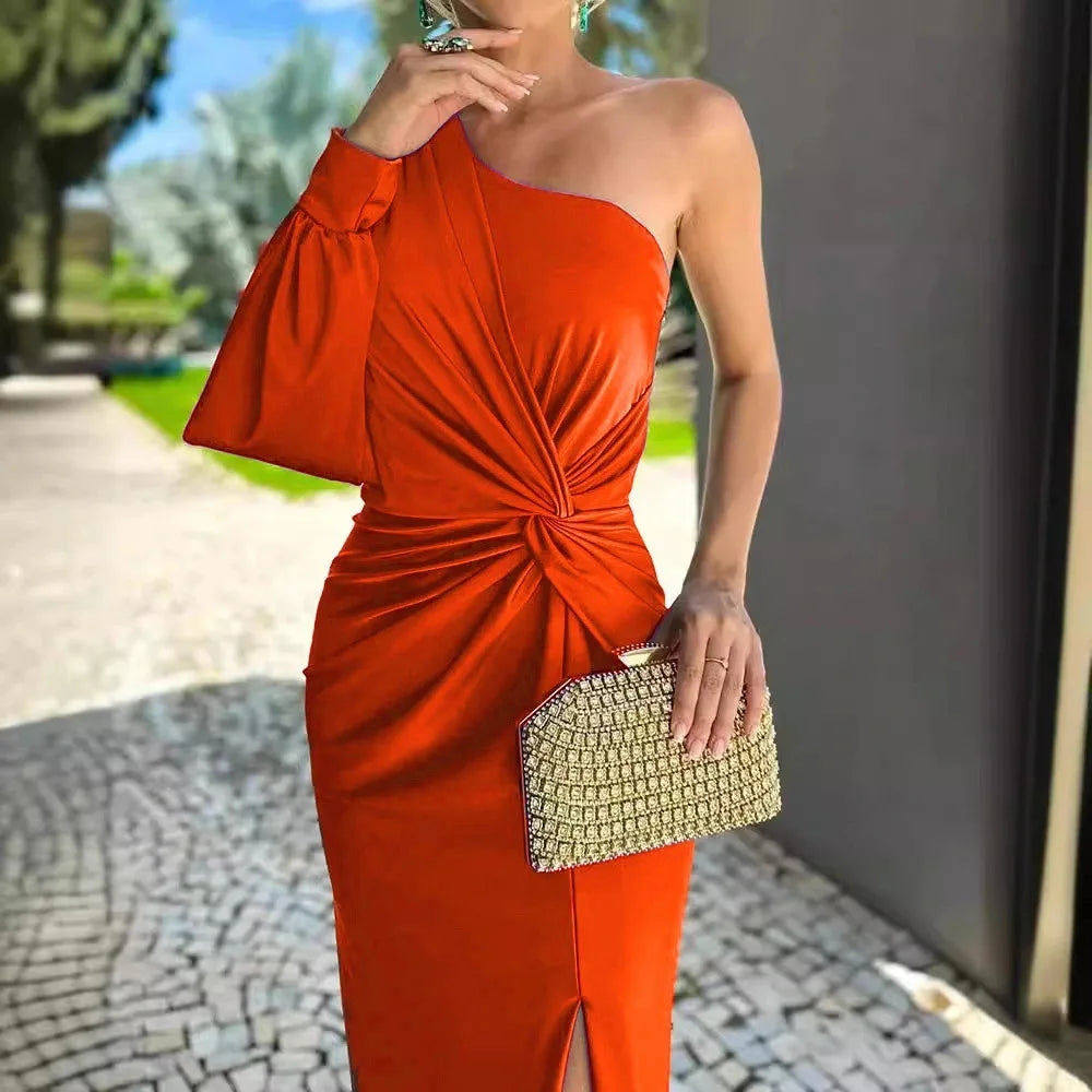 Women's Sexy Draped Patchwork Long Sleeve Party Dress Spring Summer New Skew Collar Fashion Maxi Dress One Shoulder Ladies Dress